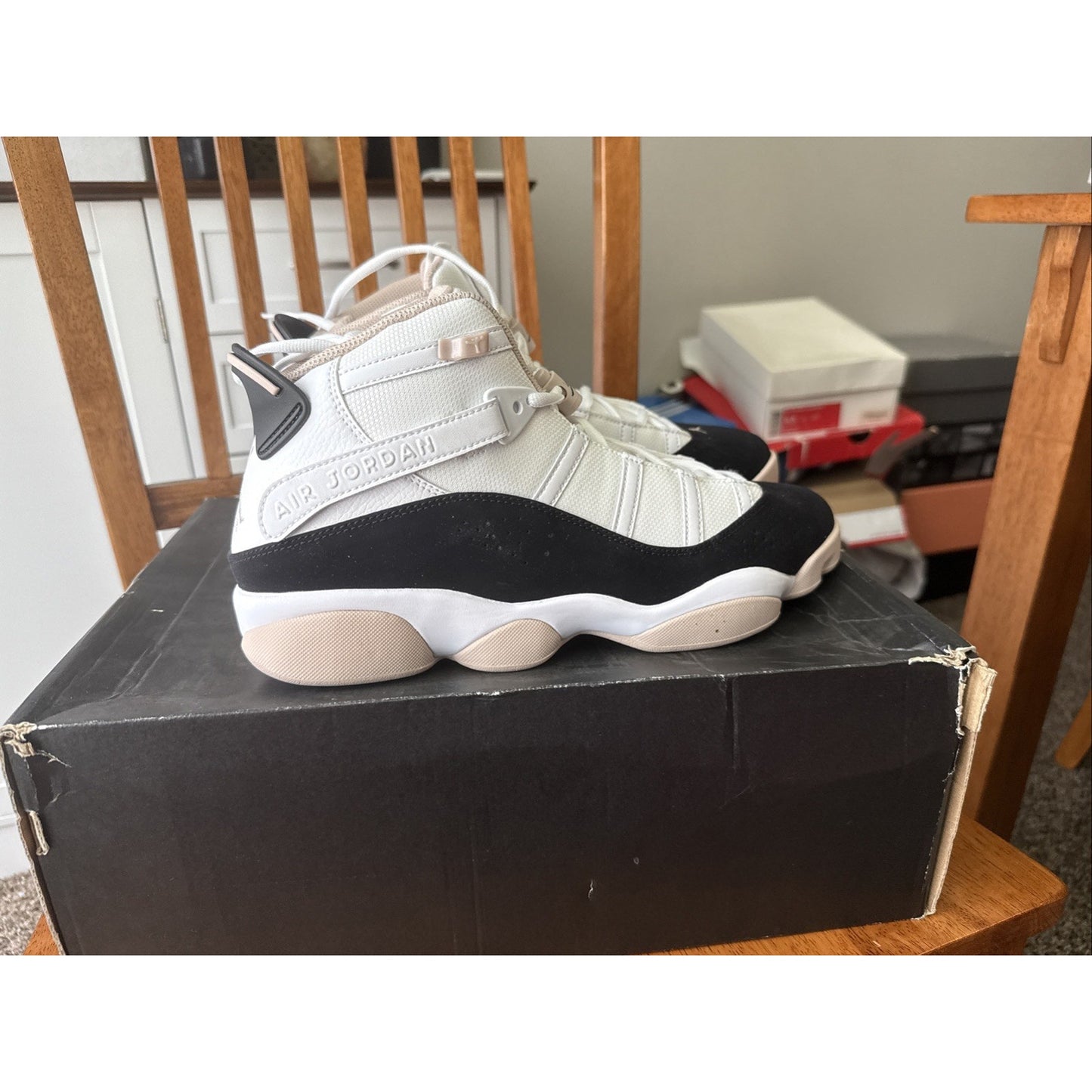 Nike Air Jordan 6 Rings Mens Size 11.5 White Fossil Stone Black 322992 112 BS232