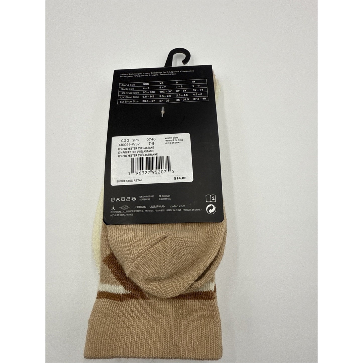 Nike Air Jordan Kids Crew Socks Cream Tan 3Y-5Y Women 4-6 2 Pairs