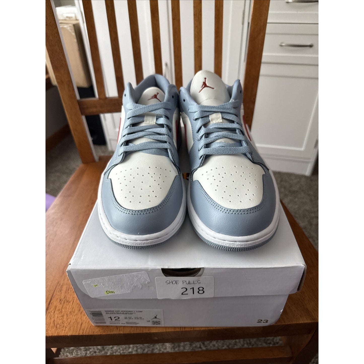 Size 12 Women's Air Jordan 1 Low Sail/Dune Red-Blue Grey-White BS084