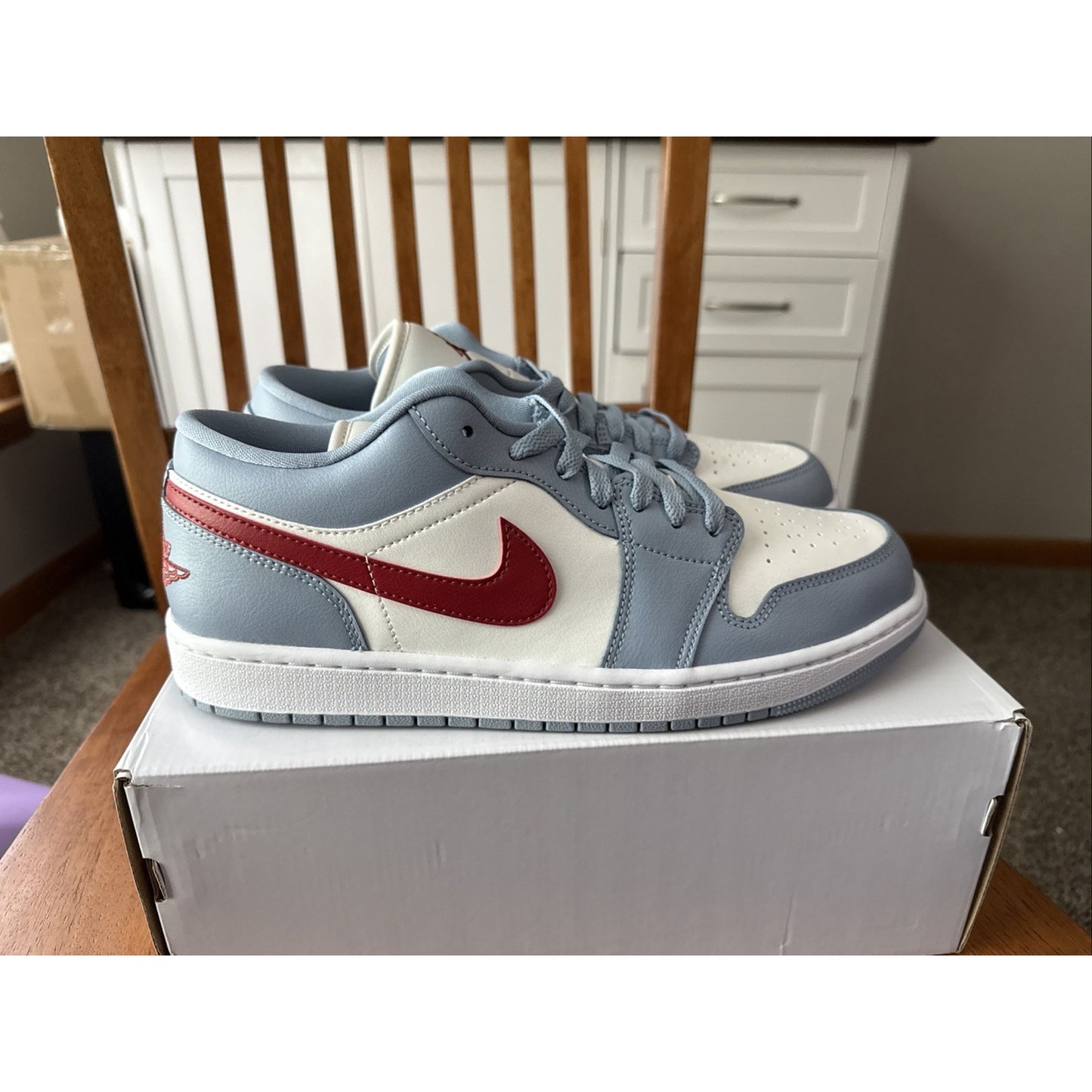 Size 12 Women's Air Jordan 1 Low Sail/Dune Red-Blue Grey-White BS084