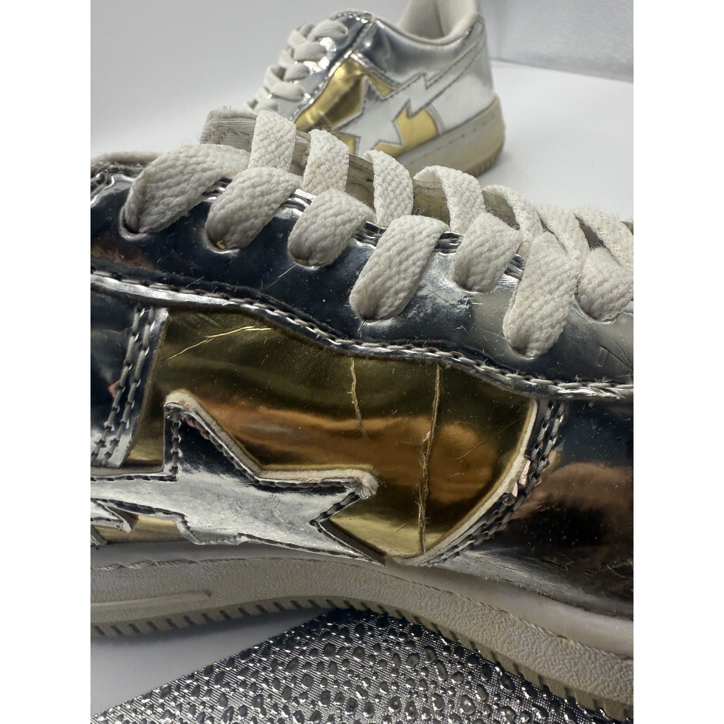 Size 8.5 Bapesta X Nigo Silver And Gold Bape Very Rare
