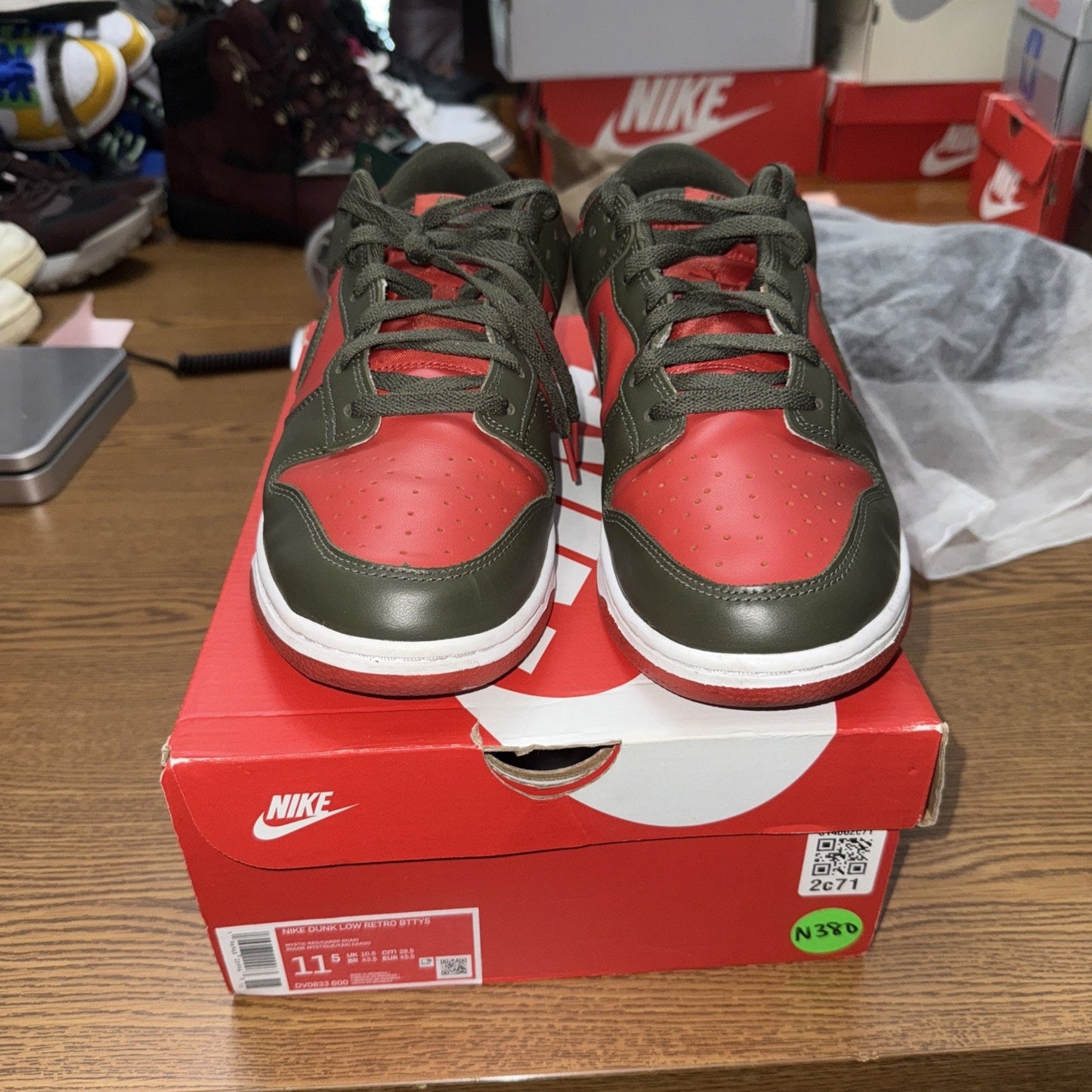 Size 11.5 [DV0833-600] Mens Nike Dunk Low 'Mystic Red Cargo Khaki'