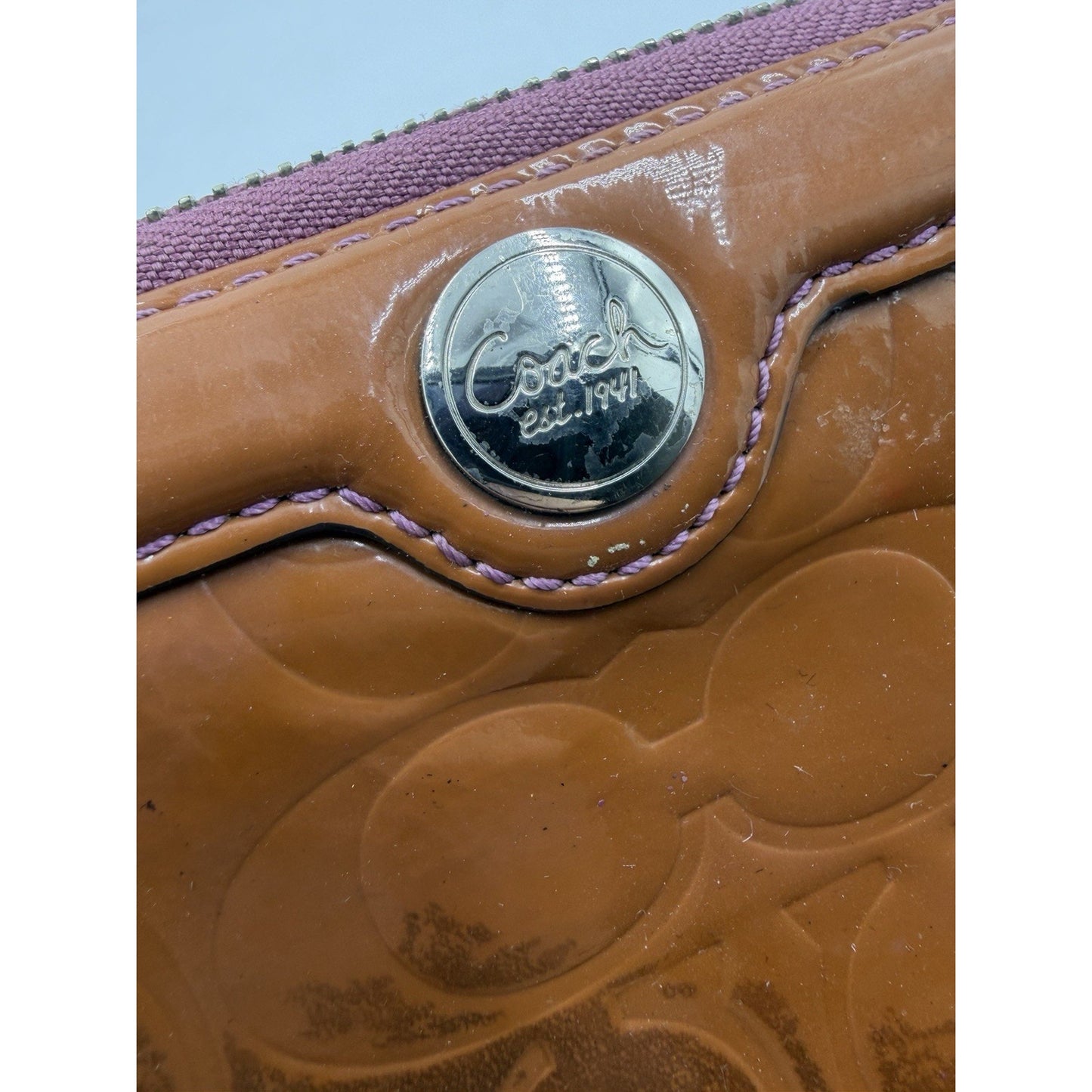 Coach Signature Brown Embossed Patent Wallet