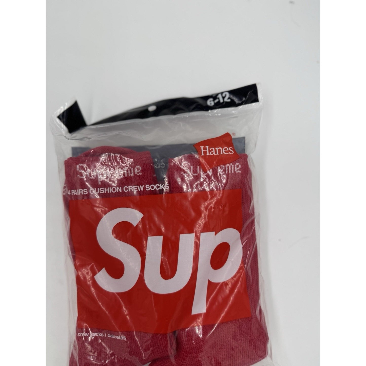 Supreme x Hanes Crew Socks Red Cushion, 4 Pairs, Size 6-12