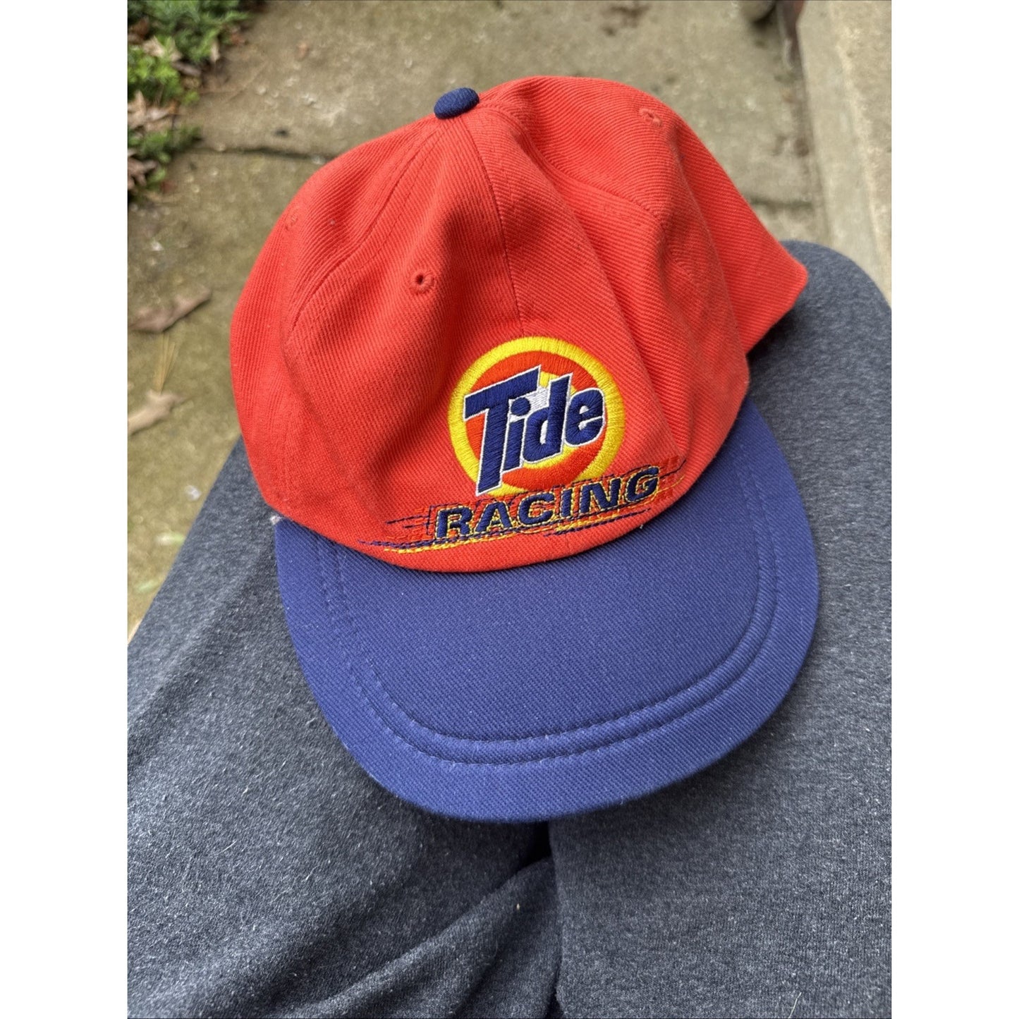 Vintage TIDE RACING Hat SCRUNCH STRAPBACK Baseball Cap DOWNY Retro ORANGE & BLUE