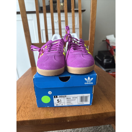 WOMENS ADIDAS ORIGINALS GAZELLE INDOOR_PURPLE BURST/SOLAR YELLOW JI1373-SIZE 5.5 BS236
