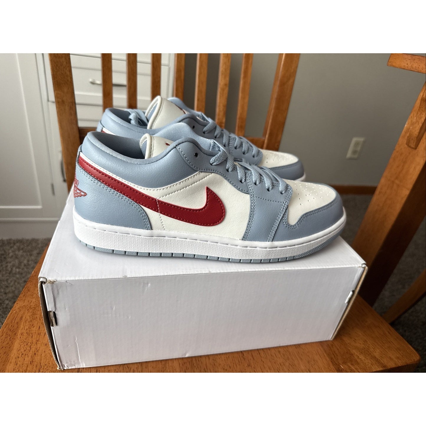 Size 12 Women's Air Jordan 1 Low Sail/Dune Red-Blue Grey-White BS088
