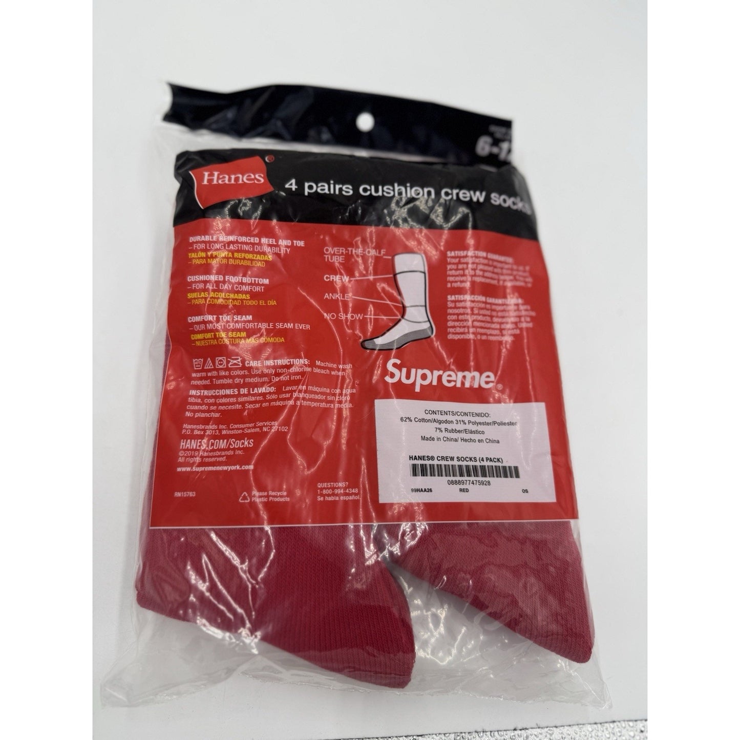 Supreme x Hanes Crew Socks Red Cushion, 4 Pairs, Size 6-12