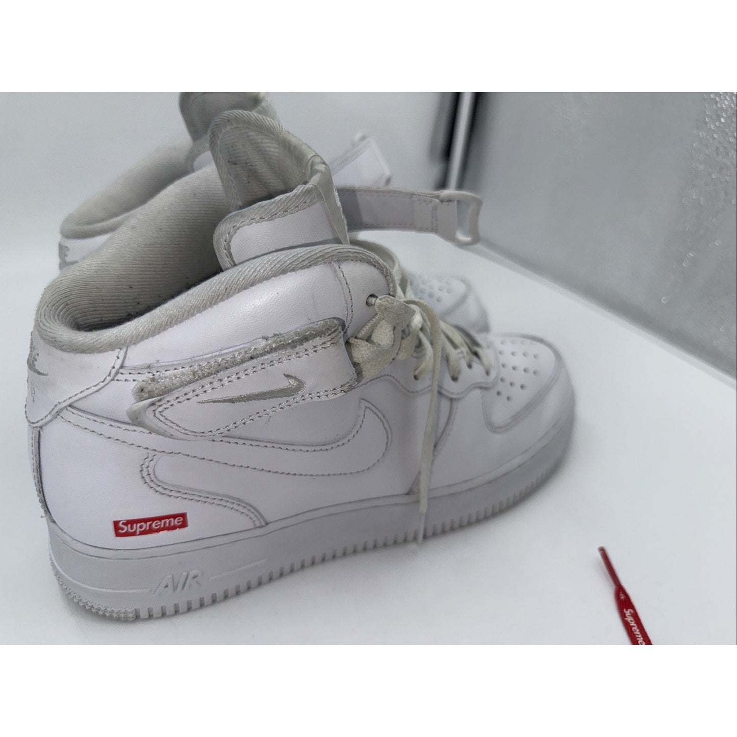 Size 9.5 - Nike Supreme x Air Force 1 Mid Box Logo - Triple White
