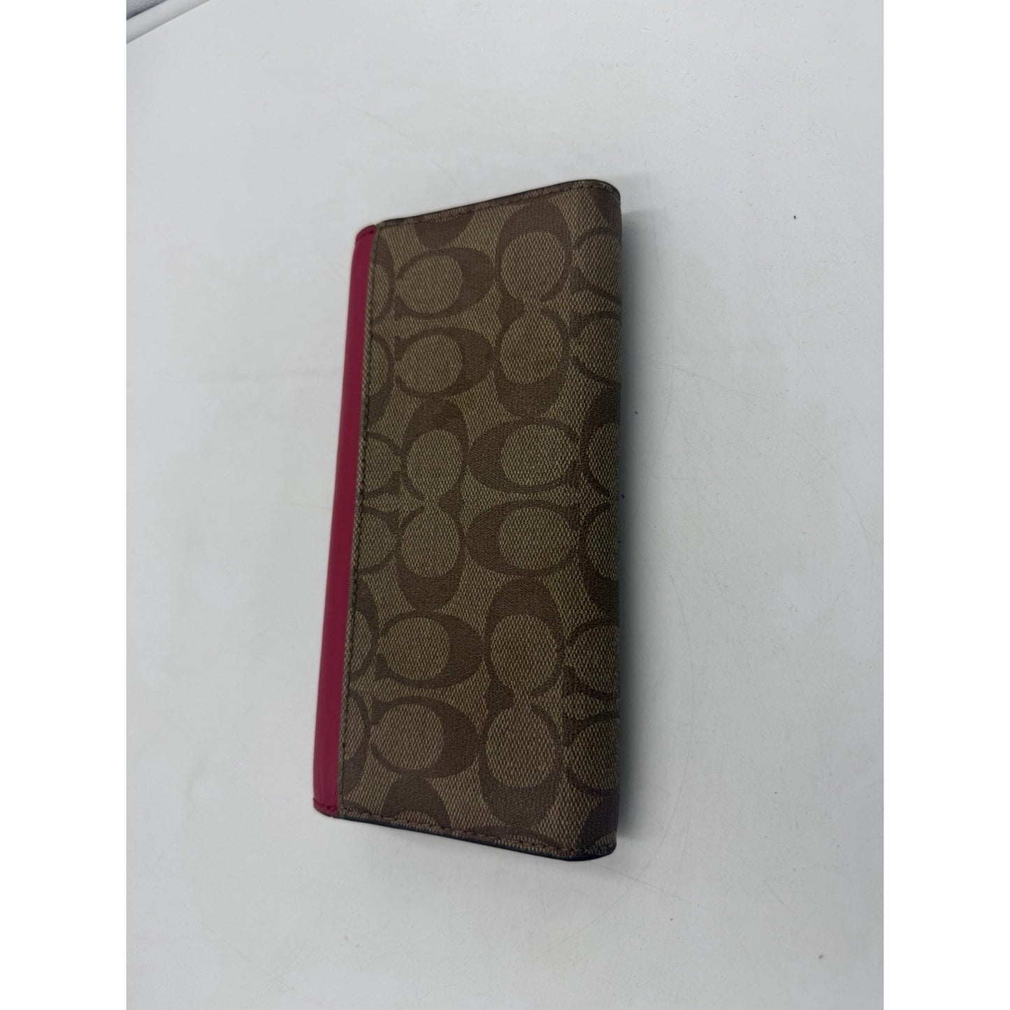 Coach Beige Red Leather Signature Tri-Fold Check-Book Buckle Wallet Used Once