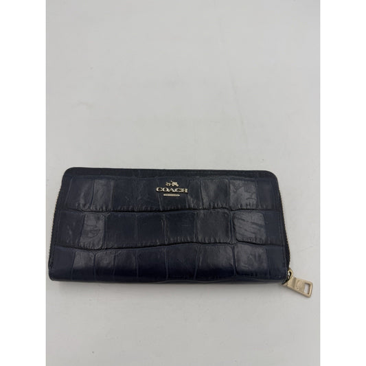 Coach Women Accordion Zip Wallet in Croc Embossed Leather Denim Blue