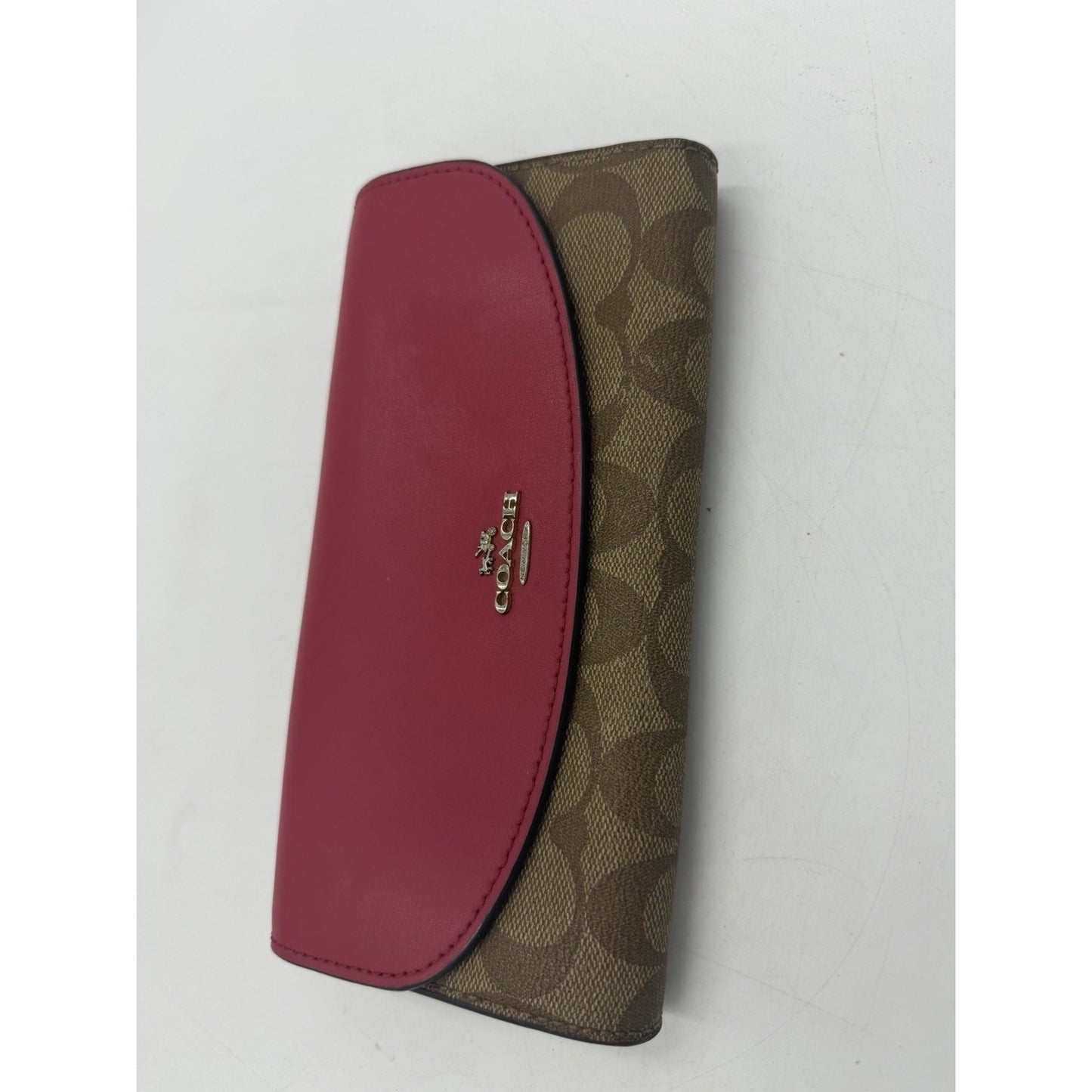 Coach Beige Red Leather Signature Tri-Fold Check-Book Buckle Wallet Used Once