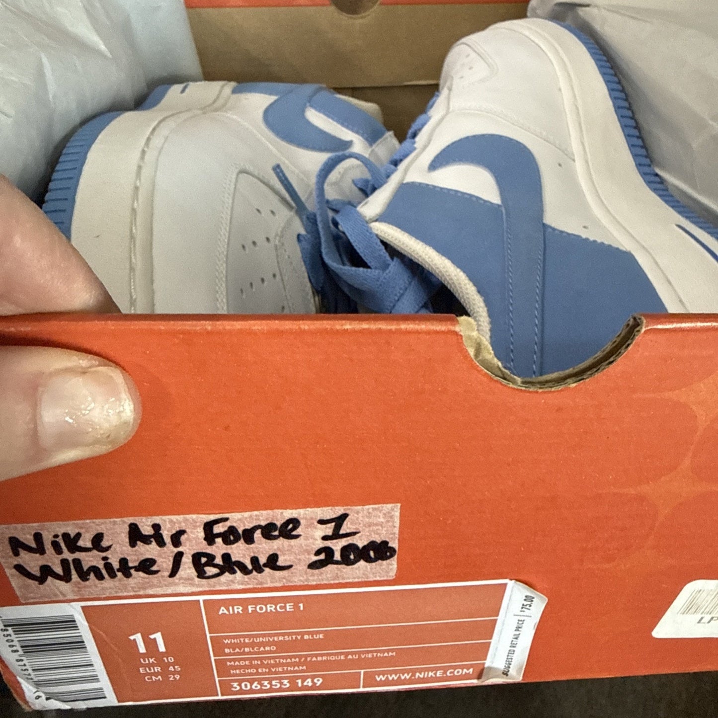 Nike Air Force 1 University Blue White Mens US Size 11 315122-144 Sneaker Shoes