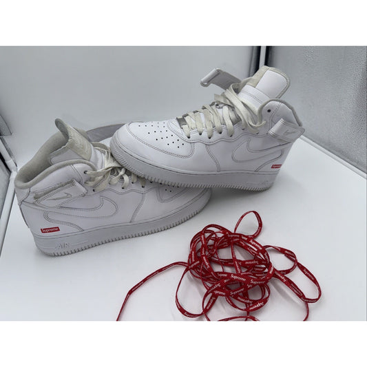 Size 9.5 - Nike Supreme x Air Force 1 Mid Box Logo - Triple White
